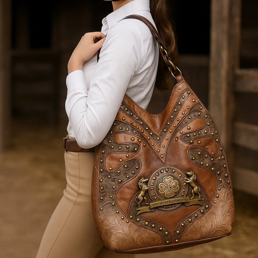 NWOT Charm & Luck Equestrian Style Brown Leather Brass Studded Purse Handbag